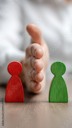 Red and green wooden figures separated by a human hand separation