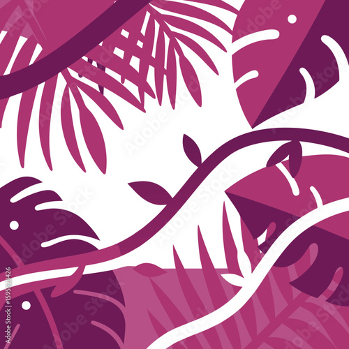 Abstract purple tropical foliage pattern with various leaves  