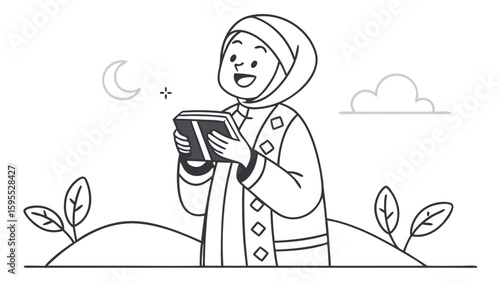 A smiling woman wearing a hijab is holding a book, with a crescent moon and stars in the background.