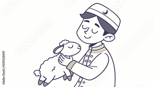 Illustration of a young boy in traditional Muslim attire holding a lamb, likely for Eid al-Adha celebration.
