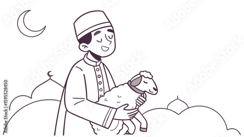 A Muslim man in traditional clothing holds a sacrificial lamb for the Eid al-Adha festival.