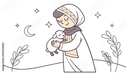 A Muslim girl in a hijab tenderly holds a baby lamb under a starry night sky with a crescent moon.