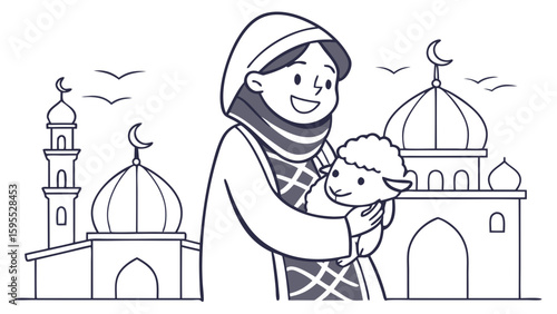 A smiling Muslim woman in a hijab holding a cute lamb with mosques and birds in the background, line art.