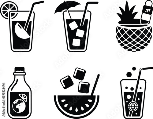Collection of six refreshing summer drinks and cocktails in silhouette style