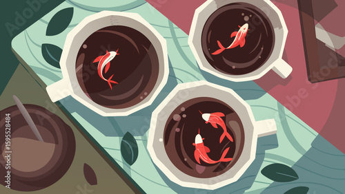 Colorful goldfish swimming in coffee cups on a decorative table  