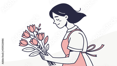 A woman with short dark hair wearing an apron, holding a bouquet of pink tulips and green leaves, with her eyes closed and a gentle smile.