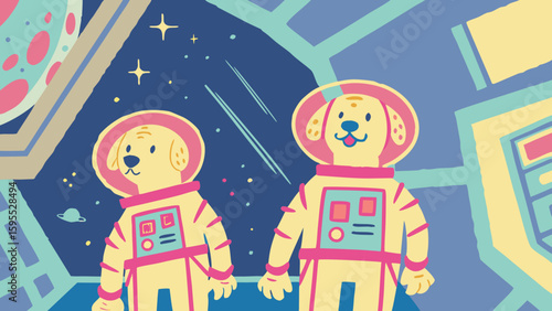 Two cartoon dogs in space suits exploring a colorful spaceship interior  