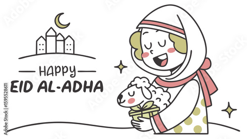 A charming hand-drawn illustration of a Muslim girl celebrating Eid al-Adha with a sacrificial lamb.