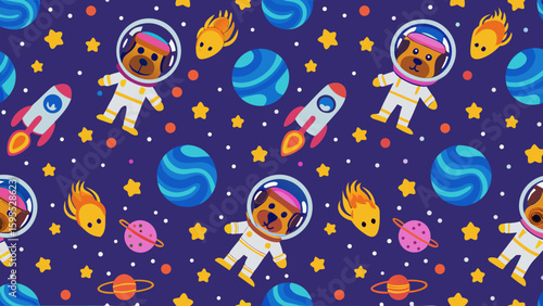 Cartoon dog astronaut in space with planets and rockets background  