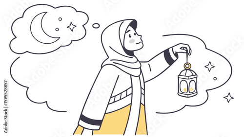A woman in a hijab holding a lantern, looking up at a thought bubble with a crescent moon and stars, symbolizing contemplation or night.