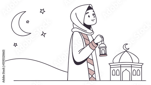 A woman in a hijab holding a lantern, looking at the moon and stars near a mosque.