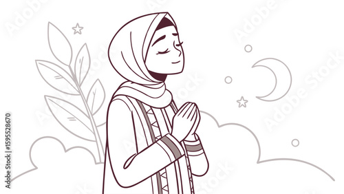 Illustration of a Muslim woman praying under the moonlight with stars and clouds.