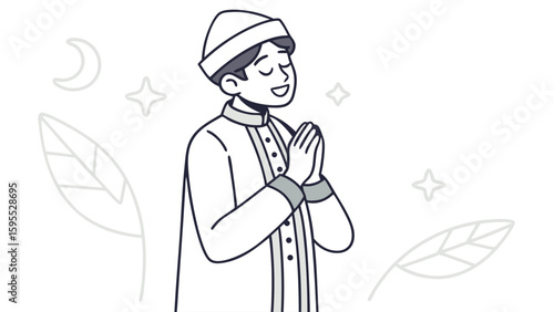 A black and white line art illustration of a young Muslim man praying or greeting peacefully.