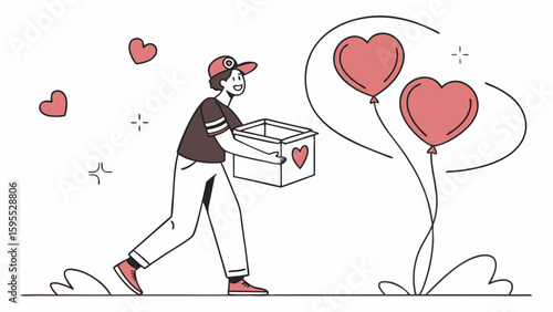 Illustration of a delivery person carrying a box with a heart on it, with heart balloons.