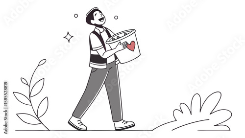 A smiling volunteer walks with a donation bucket adorned with a heart, radiating positivity and contributing to a charitable cause.