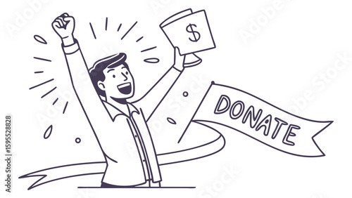 A man celebrates with his fist raised and holding a trophy with a dollar sign, signifying a successful donation or fundraising achievement.