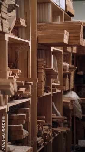 Detailed view of industrial wooden shelves stacked with various types of wooden planks, parts, and materials in a woodworking factory. 