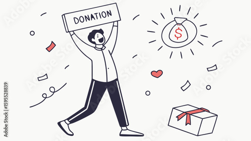 Happy person celebrating a donation with a sign, money bag, and gift box, surrounded by confetti.