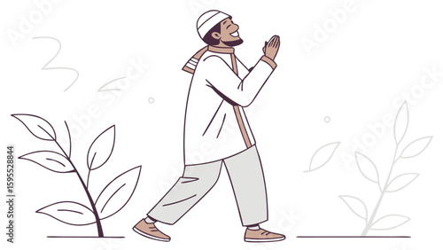 A smiling Muslim man wearing a kufi and traditional clothing raises his hands in prayer, surrounded by stylized plants.