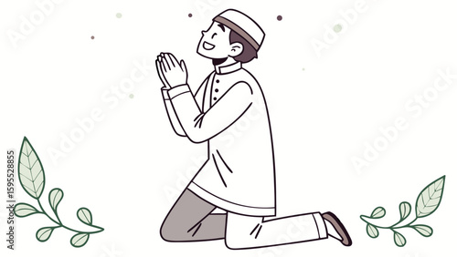 A man in traditional attire kneels in prayer, expressing devotion and faith with a serene expression.