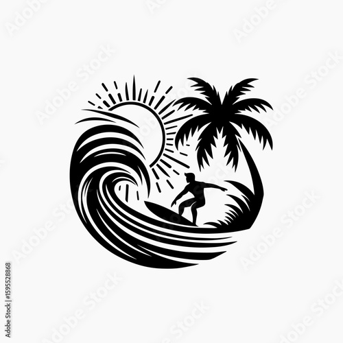 Surfer on a Wave with Palm Tree and Sun.