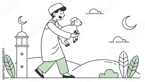 A young Muslim boy in traditional attire carries a lamb near a mosque under a crescent moon sky.