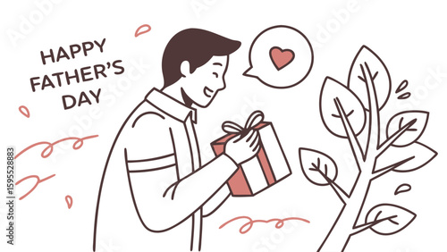 A smiling man holding a gift box, celebrating Father's Day, with a tree.