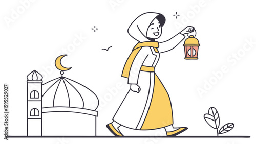 A woman in a hijab walks with a lantern near a mosque, celebrating a cultural event.