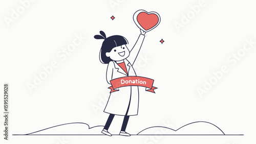 A happy cartoon doctor holding a red heart symbol above her head, representing donation.