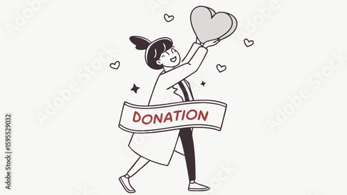 A cheerful person holding a large heart with a "DONATION" banner, symbolizing charity and giving.