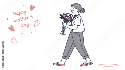 A woman walks with a bouquet of flowers, celebrating Mother's Day with hearts.