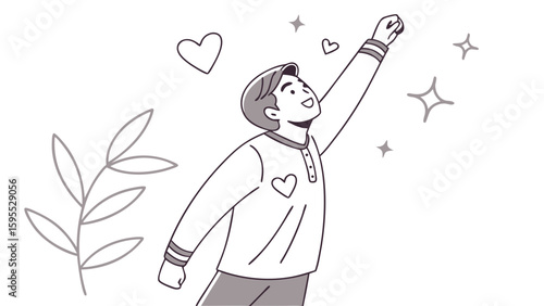 Illustration of a man reaching for stars with hearts and a plant in the background, symbolizing hope and aspiration.