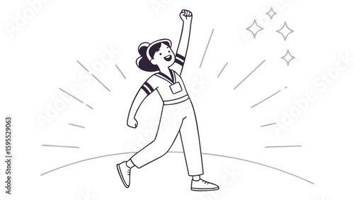 Joyful person celebrating success, raising arm, radiating energy, and feeling happy.