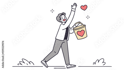 A cheerful person with a donation bucket gestures towards floating hearts, spreading kindness.
