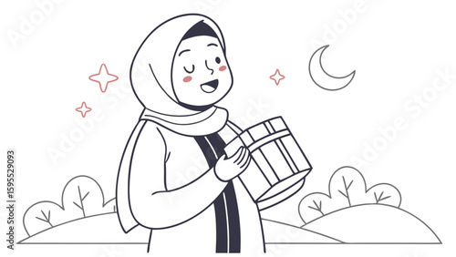 A smiling woman wearing a hijab holds a gift box under the night sky.