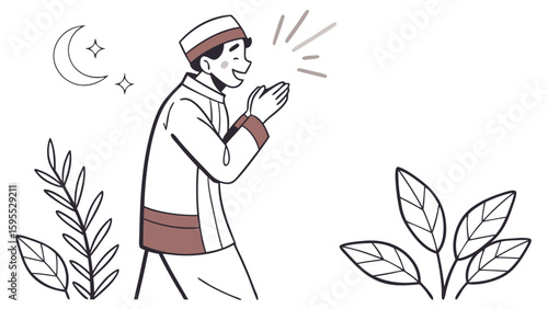 A man in traditional attire praying with hands clasped, under a crescent moon and stars, surrounded by plants.