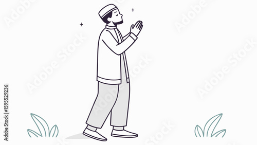 A hand-drawn illustration of a Muslim man standing in prayer with his hands raised in supplication.