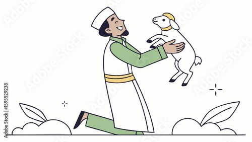 A smiling Muslim man in traditional attire joyfully lifts a white lamb in his arms, celebrating a religious festival.