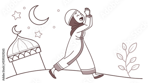 A Muslim woman in a hijab praying at night with a mosque, crescent moon, and stars in a line art illustration.