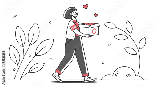 Happy woman carrying a box with hearts, symbolizing love, donation, or a gift, in a stylized outdoor setting.