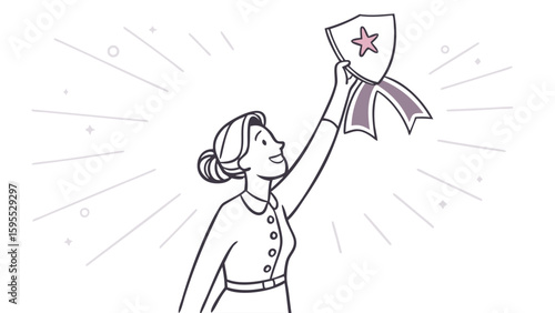 Woman holding up an award with a star on it, celebrating success.