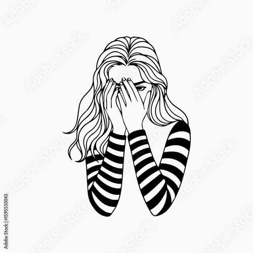 Woman Hiding Face with Hands Striped Sleeves Long Wavy Hair Black and White Art.