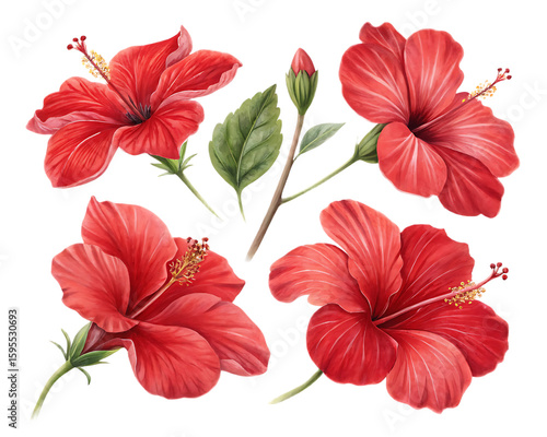 Wallpaper Mural Illustration of four red hibiscus flowers with green leaves and stems on a black background Torontodigital.ca