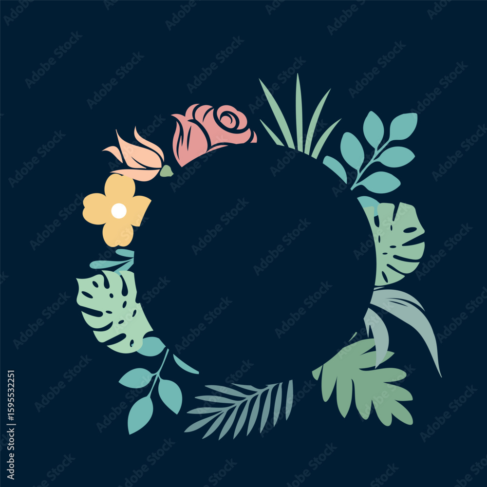 Obraz premium Floral Wreath Frame with Tropical Leaves and Colorful Flowers Botanical Invitation Design