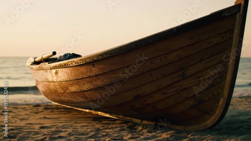 Wooden boat on a sandy beach at sunrise