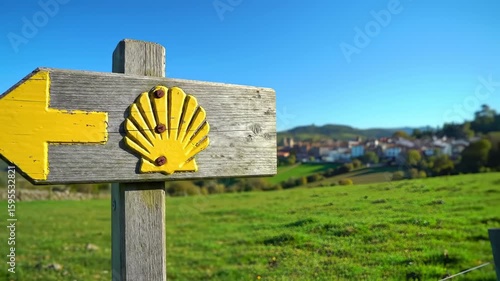 Wooden signpost with yellow arrow and scallop symbol, rural landscape background