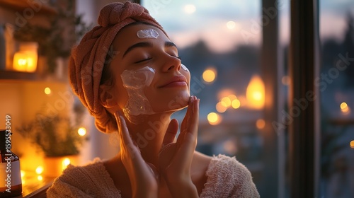 A woman with a towel wrapped on her head applies a cream to her face in a cozy, softly lit room during evening time.
