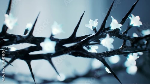 Dark branch with sharp thorns and tiny white flowers abstract