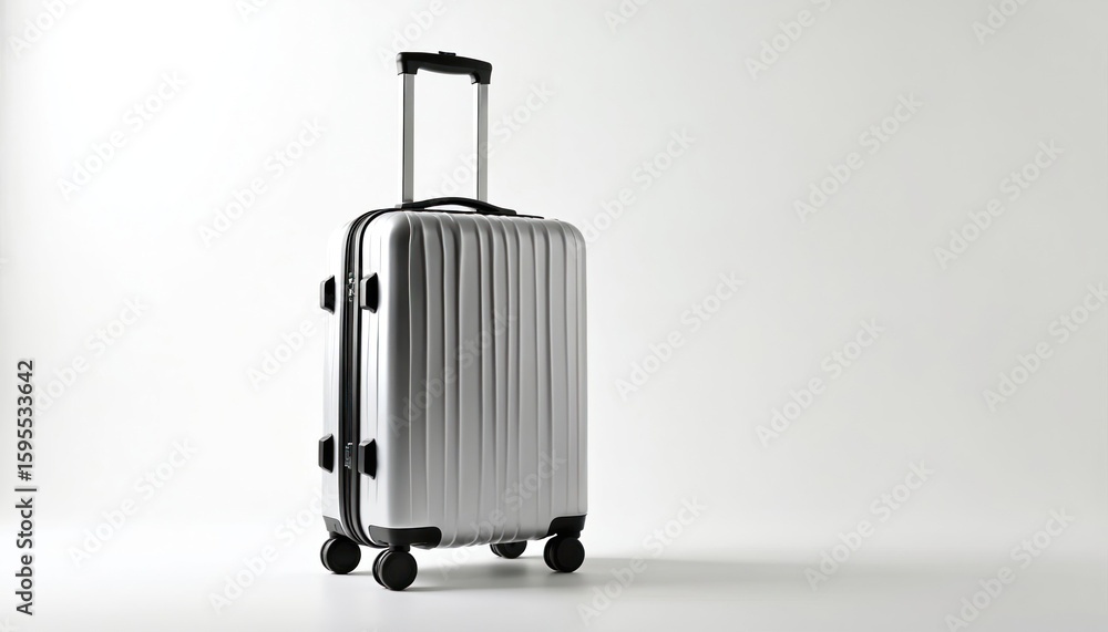 Silver metallic travel suitcase with telescoping handle and wheels, isolated on white background. Modern luggage for business trips or vacations, features durable plastic construction and secure lock. Silver metallic travel suitcase with telescoping handle and wheels, isolated on white background. Modern luggage for business trips or vacations, features durable plastic construction and secure lock.