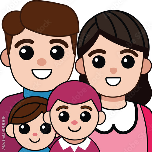 Cartoon family portrait featuring parents and two children smiling with cheerful expressions and bright, colorful clothing and rounded features